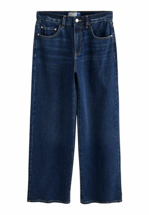 Dunkelblaue Jeans mit weitem Bein, Vordertaschen, Gürtelschlaufen, Metallknopf und Reißverschluss auf weißem Hintergrund.