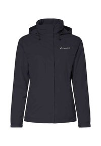 Giacca impermeabile blu scuro con colletto alto, cappuccio regolabile, zip frontale e un logo sul lato sinistro del petto. Texture liscia e design casual.