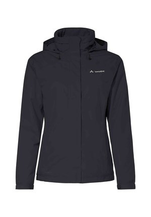 Donkerblauwe waterdichte jas met een hoge kraag, een verstelbare capuchon, een rits aan de voorkant en een logo op de linkerborst. Soepele textuur en een casual ontwerp.