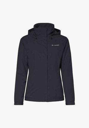 Dunkelblaue wasserdichte Jacke mit hohem Kragen, verstellbarer Kapuze, Frontreißverschluss und einem Logo auf der linken Brust. Glatte Textur und lässiges Design.