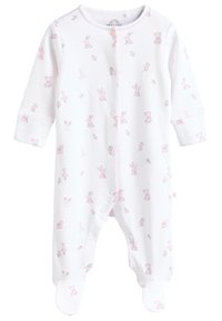 Body blanc pour bébé avec imprimés d'animaux et de fleurs roses, manches longues et conception pieds couverts. Comprend des boutons-pression sur le devant et un col rond.