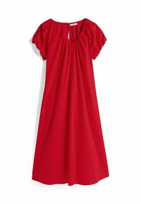 Vestido rojo de algodón con escote redondo, mangas cortas abullonadas y silueta fruncida; textura suave, longitud hasta la rodilla con un brillo sutil.