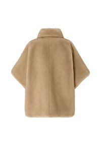 Cappotto in pelliccia sintetica beige con colletto e maniche ampie. Texture morbida, design minimalista, con una cucitura centrale lungo la schiena.
