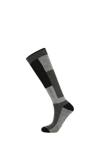 Chaussettes montantes avec un design en blocs de couleur noir, gris foncé et gris clair. Fabriquées en tissu doux avec un bord côtelé et un orteil renforcé.