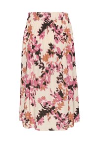 Gėlėta sijonas su lengvu, tampriu audiniu. Spalvos apima rožinę, rudą ir grietinėlę, su elastinga juosmens juosta ir klostuoto dizaino.