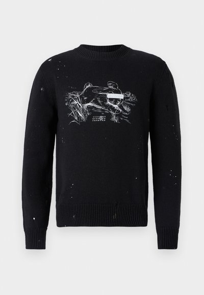 Black knit sweater with a round neck, featuring a white rabbit graphic on the front and distressed detailing throughout. Ribbed cuffs and hem.