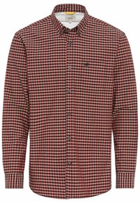 Red and black checkered long-sleeve shirt, featuring a button-down collar, front pocket, and subtle branding on the chest.