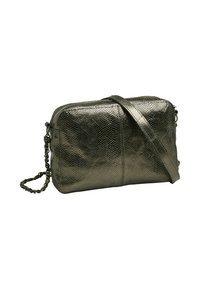 Sac à main en bronze métallique avec une finition texturée, semblable à celle d'un reptile, doté d'une fermeture éclair et d'une bride en chaîne. Forme rectangulaire.