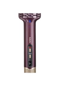 Outil de coiffure sans fil avec un boîtier violet métallique, une base perforée dorée, des boutons de contrôle et un indicateur lumineux LED.