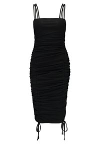 Svart tajt klänning med rynkad tyg, tunna axelband och justerbara snoddar i nederkant. Slät textur med en kroppsnära silhuett.