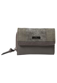 Portafoglio grigio con la parte inferiore in pelle liscia e il pannello superiore testurizzato. Chiusura con zip e un accento metallico che mostra il logo del marchio.