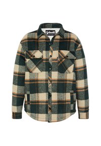 Camicia in flanella a quadri verde e beige con accenti arancioni. Presenta maniche lunghe, chiusura con bottoni frontale e due tasche sul petto. Texture morbida.