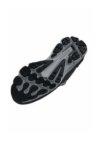 Semelle de chaussure de sport noire avec caoutchouc gris texturé, présentant un motif de semelle multidirectionnel et des rainures de flexion placées stratégiquement.