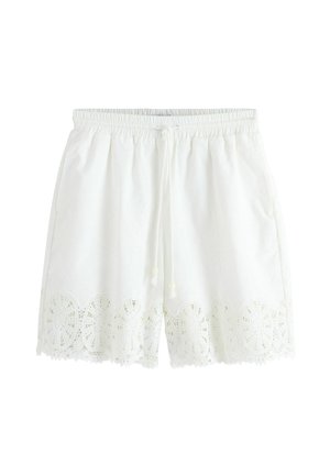 Biele šortky pre ženy s elastickým pásom, šnúrkou, bočnými vreckami a kvetinovou čipkovou ozdobou pozdĺž lemu.