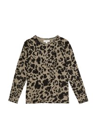 Maglione a stampa leopardata in beige chiaro, con macchie nere. Maniche lunghe, collo rotondo, texture lavorata a maglia e polsini e orlo a costine.