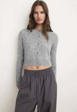 Gray, cropped cardigan with long sleeves and button closure, paired with loose, dark gray, elastic waistband pants. Soft texture visible.