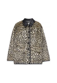 Cappotto con stampa leopardata, bottoni neri, due tasche frontali a soffietto e colletto in pelle nera a contrasto, esposto piatto su sfondo bianco.