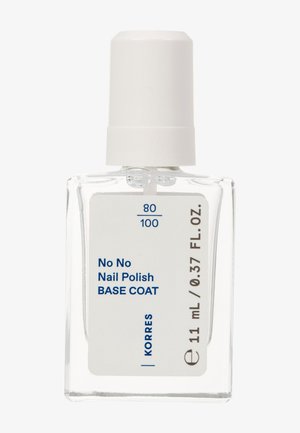 Clear rectangular bottle of Korres No No Nail Polish base coat with white cap, containing 11 mL (0.37 FL. OZ.) liquid.