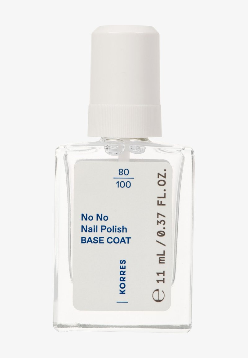 Bouteille rectangulaire transparente de base coat Korres No No Nail Polish avec un capuchon blanc, contenant 11 mL (0,37 FL. OZ.) de liquide.