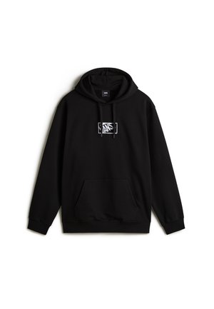 Zwarte hoodiebloes van katoen, met een voorzak in kangoeroestijl, capuchon met trekkoord en een grafisch logo op de borst. Zachte textuur.