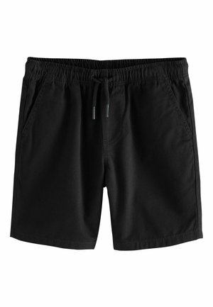 Schwarze Shorts mit einem elastischen Bund und verstellbarem Kordelzug. Verfügt über zwei seitliche Taschen und ein glattes Baumwollmischgewebe.