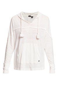 Sudadera blanca con capucha, que presenta una tela texturizada, bolsillo frontal y cordones con borlas. Corte holgado con mangas largas y puños acanalados.