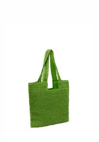 Grøn vævet tote taske med et tekstureret, strikket design og korte stropper. Indersiden er foret med et glat stof, hvilket forbedrer funktionaliteten.