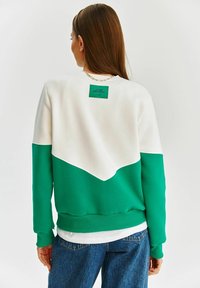 Zelená a bílá mikina se šikmým vzorem, vyrobená z měkkého materiálu. Má štítek na zadní straně a žebrované manžety a spodní lem.