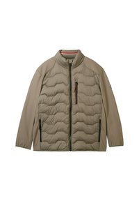 Puchowa kurtka w kolorze taupe, z wysokim kołnierzem, zapinana na zamek z przodu, oraz dwoma bocznymi kieszeniami na zamek z czarnymi akcentami.