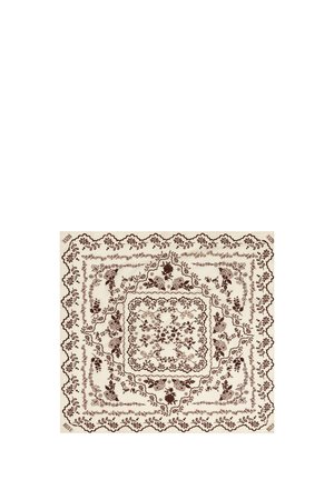 Vierkant beige doek met ingewikkelde donkerbruine bloemmotieven en geschulpte randen die meerdere omlijstingen vormen.