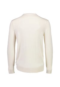 Ljusbeige långärmad stickad tröja med rund halsringning, ribbade ärmslut och en slät yta med en enkel design.