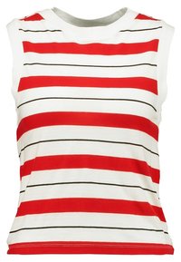Débardeur sans manches à rayures rouges et blanches, présentant de fines rayures noires horizontales, un col rond et une coupe décontractée.