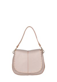 Borsa a tracolla in pelle rosa chiaro con una patta curva, cuciture chiare a contrasto e una sottile tracolla. Caratterizzata da un design elegante e minimale.
