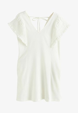 Bílé šaty s výstřihem do V, s volánkovými, texturovanými rukávy a vázacím pásem na zádech. Hladký materiál s mírným drapováním a bočními kapsami. Jednoduchý, elegantní design.