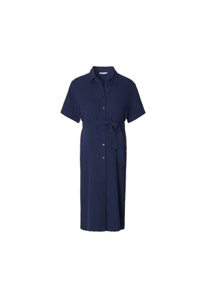 Navyblauwe jurk met korte mouwen, gemaakt van zachte stof, voorzien van een knoopsluiting aan de voorkant en een tailledetail met strik. Heeft een losse pasvorm en een knielengte.