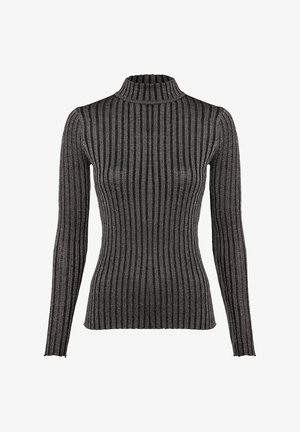 Black and gray striped turtleneck sweater with long sleeves, made from a ribbed texture fabric, featuring a fitted silhouette.