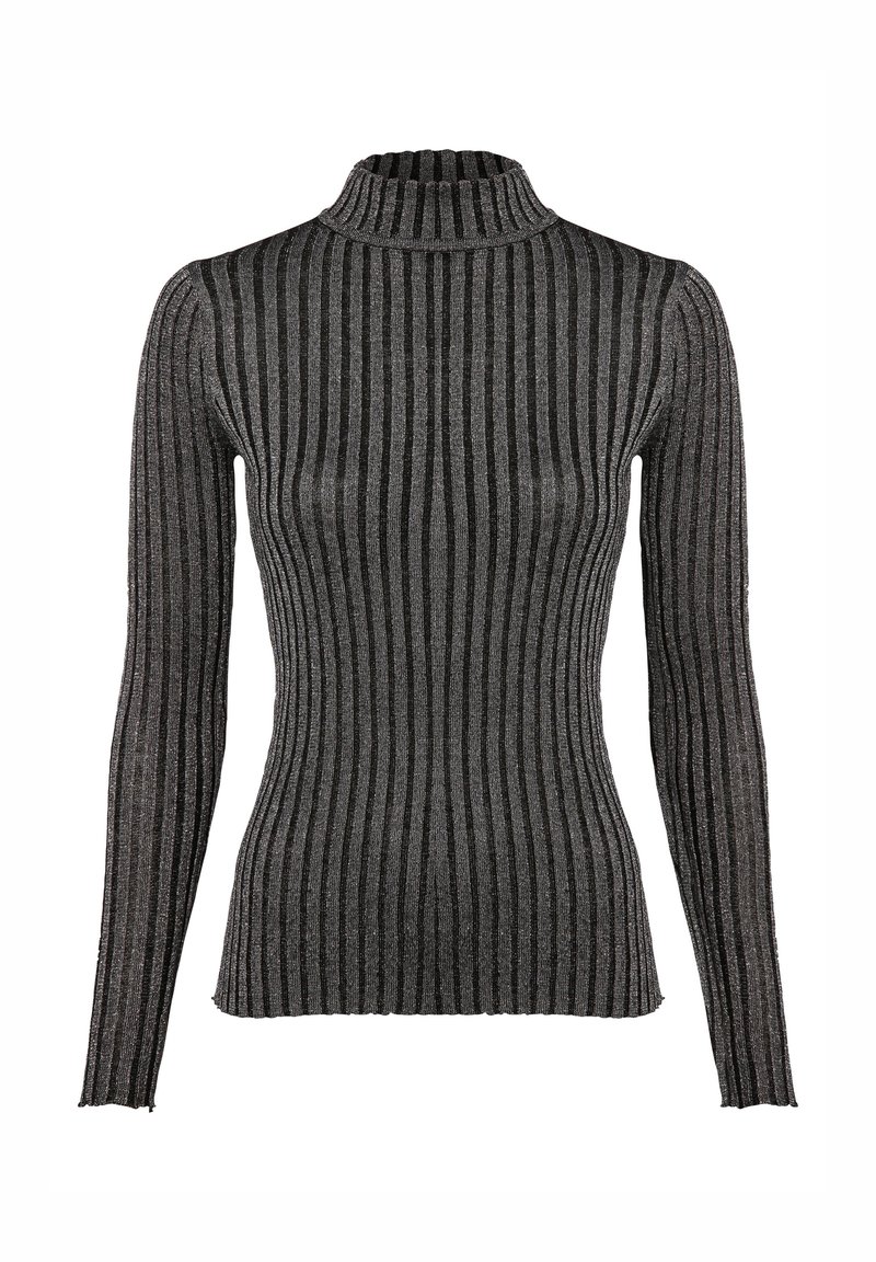 Schwarz-weiße gestreifte Rollkragenpullover mit langen Ärmeln, aus einem gerippten Stoff gefertigt, mit einer taillierten Silhouette.