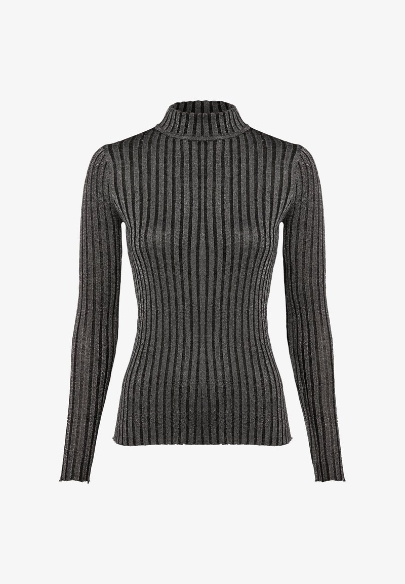 Schwarz-weiße gestreifte Rollkragenpullover mit langen Ärmeln, aus einem gerippten Stoff gefertigt, mit einer taillierten Silhouette.