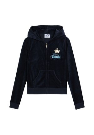 Schwarzer Velours-Zip-Hoodie mit Fronttaschen, "Juicy Couture"-Logo und goldener Krone auf der Brust, langen Ärmeln und schmalen Bündchen.