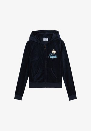 Schwarzer Velours-Zip-Hoodie mit Fronttaschen, "Juicy Couture"-Logo und goldener Krone auf der Brust, langen Ärmeln und schmalen Bündchen.