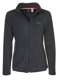 Svart Reebok fleecejacka med hel dragkedja fram och ståkrage, med en subtil logotyp på bröstet.