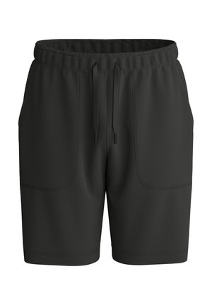 Schwarze knielange Shorts mit elastischem Bund, verstellbarem Kordelzug und zwei aufgesetzten Vordertaschen, vor weißem Hintergrund gezeigt.