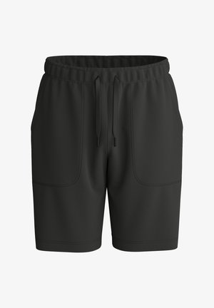 Schwarze knielange Shorts mit elastischem Bund, verstellbarem Kordelzug und zwei aufgesetzten Vordertaschen, vor weißem Hintergrund gezeigt.