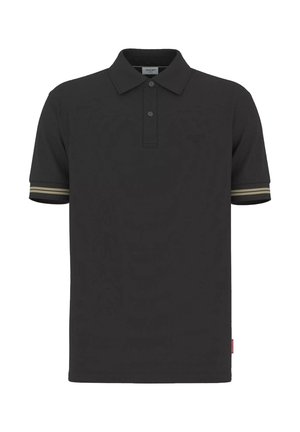 Black short-sleeve polo shirt with two buttons, beige double stripes on sleeve cuffs, and a small logo on the chest.