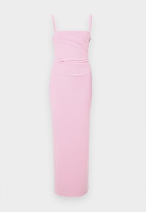 Ružová, priliehajúca maxi šaty s tenkými ramienkami, s zlomeným dizajnom v oblasti pása. Hladká textúra, minimalistický štýl, žiadne viditeľné vzory.