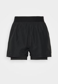 Pantalones cortos deportivos negros de capas con una amplia cintura elástica y una capa de compresión interna, diseñados para deportes o ropa activa.