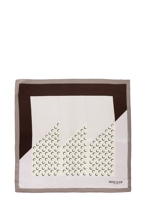 Jedwabny szal z brązowym wykończeniem, geometryczne wzory w kremowym i czarnym kolorze, o gładkiej fakturze i ostrych kątów. Wymiary 90x90 cm.