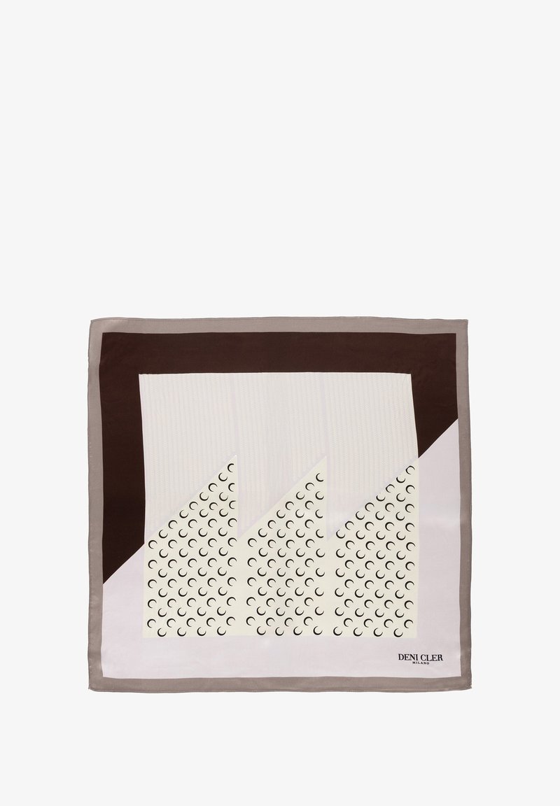 Jedwabny szal z brązowym wykończeniem, geometryczne wzory w kremowym i czarnym kolorze, o gładkiej fakturze i ostrych kątów. Wymiary 90x90 cm.