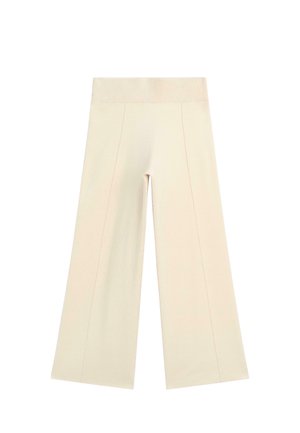 Weite Hose aus einem hellbeigen Stoff, mit einem gerippten Bund, zwei vorderen Nähten und glatter Textur.