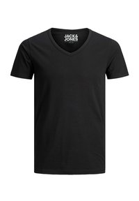 Schwarzes V-Neck T-Shirt aus Baumwolle, mit kurzen Ärmeln und geradem Saum. Markenlogo in Weiß am inneren Halsabschluss gedruckt.